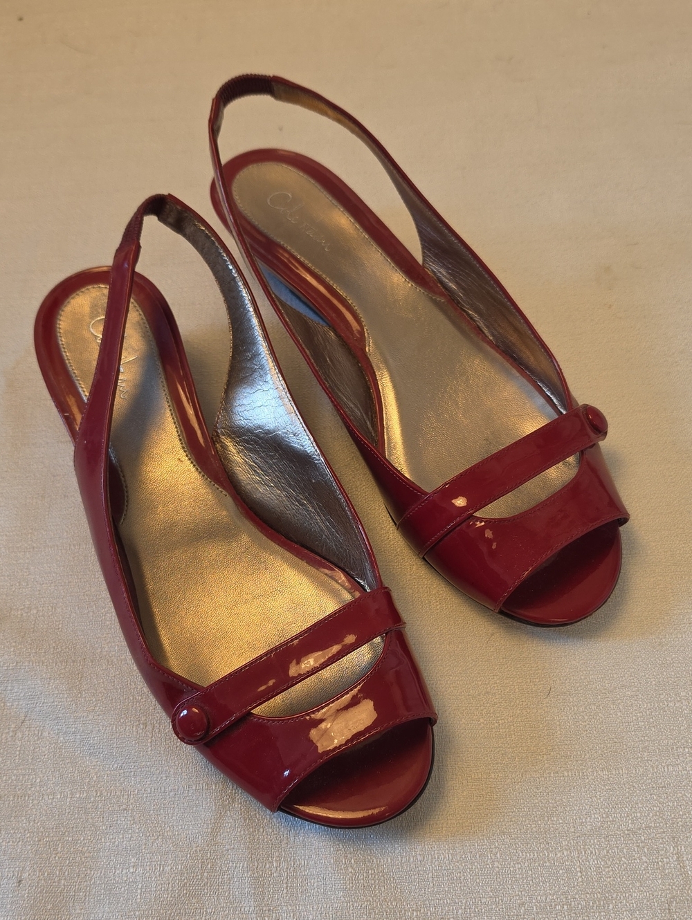 Vintage Cole Haan Nike Air Burgundy Patent Slingback Peep-Toe Low Heel Size 9B